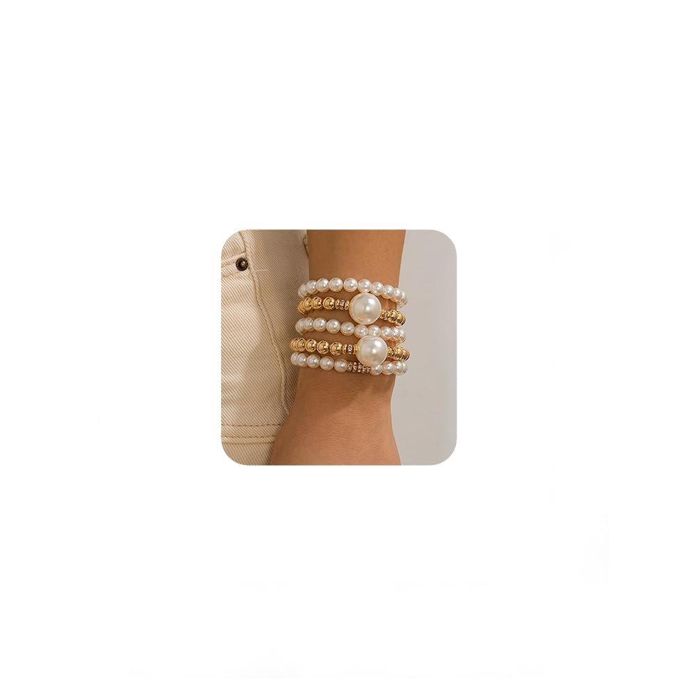 fxmimior Fashion Boho Dainty Simple Silver Gold Chain Pearls Bracelets Set for Women Adjustable Chunky Flat Cable Chain Love Punk Bracelets for Women 5Pcs (Gold)