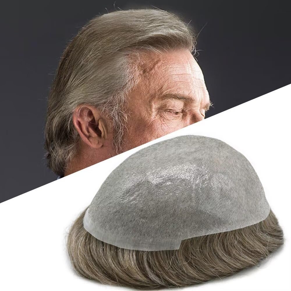Toupee for Men Ultra Thin Skin Mens Hair System Soft Human Hair piece 0.04mm Invisible Mens Toupee All V-loop Skin PU Men Hair Unit Mens Hair Replacement6X8"-100%density#740 Very Light Brown+40%Gray