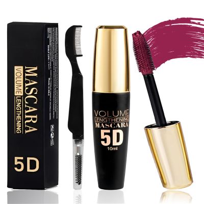 Burgundy Waterproof Tube Mascara, Volume and Length Volumizng Colored Mascara for Eyelashes, Long Lasting Smudge-proof Lengthening 5D Lash Mscara with Silk Fiber, No Flaking or Clumping