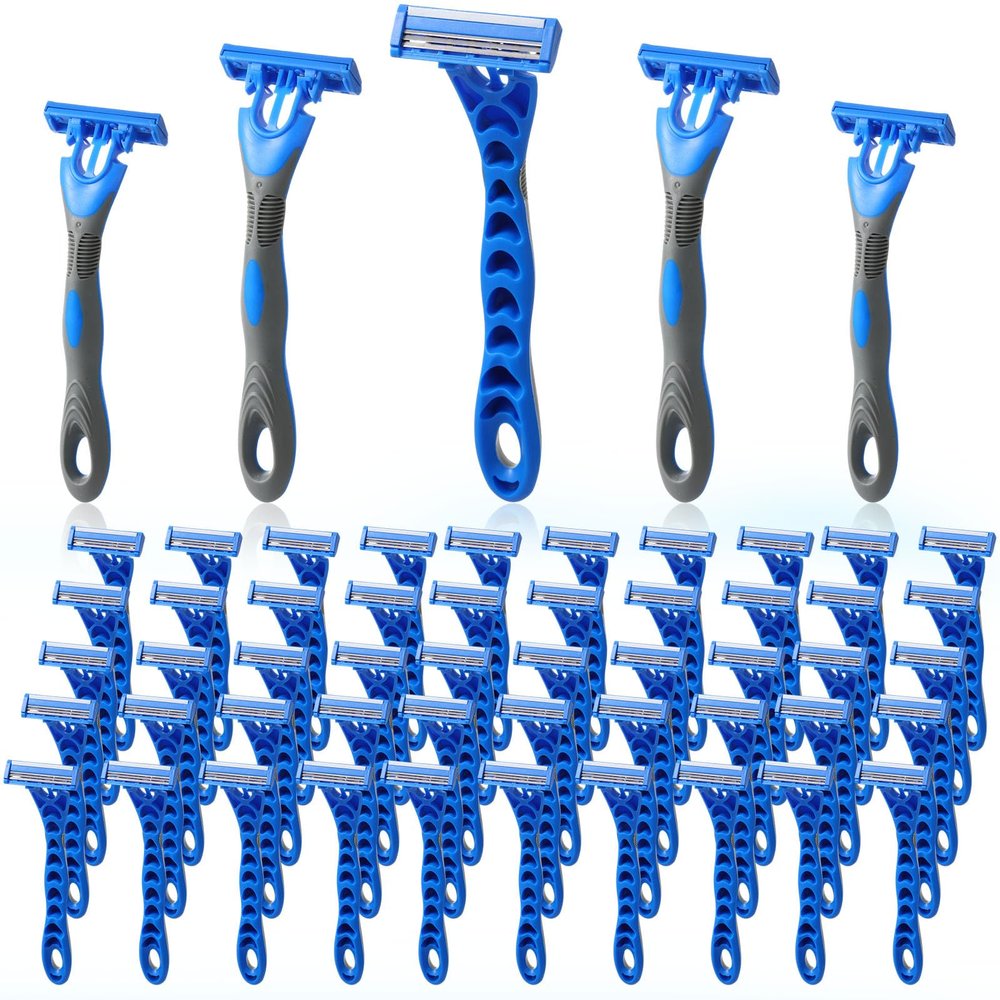 Leriton 50 Pcs Three Blade Disposable Razors for Men Bulk Men's 3 Blade Sensitive Skin Razor for Comfortable Shave