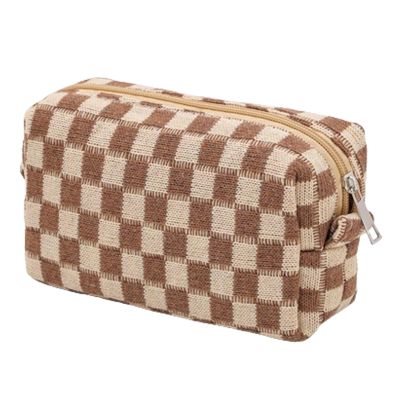 BFLCTTBD Checkered Pencil Case Knitted Makeup Pouch Brown Checkerboard Makeup Bag Cute Aesthetic Makeup Organizer Makeup Storage Bag