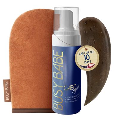 Busy Babe Self Tanner - Cabo Nights Express Rapid Dark Tanning Mousse - Deeper Sun-Kissed Glow with Mitt - Vegan, Cruelty-Free, Instant Tan, Self Tanning Mousse Pump - Express, Violet based- 7.2 oz