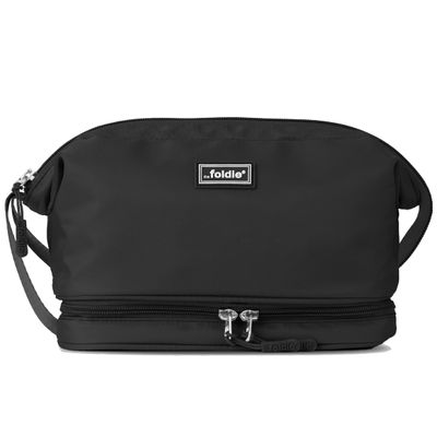 The Foldie Travel Toiletry Bag for Women & Men - Waterproof Travel Makeup Bag with Compartments - Wide-Open Cosmetics Pouch Bag - Easy to Clean Travel Bag for Toiletries & Makeup Brushes - Black