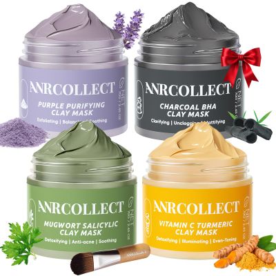 ANRCOLLECT Face Mask Set, 4Pcs Clay Mask, Face Masks Skin Care with Vitamin C, Charcoal, Mugwort and Purple Clay, Skincare Gift Set for Blackheads, Refining Pores & Controling Oil, Teen Girl Gifts