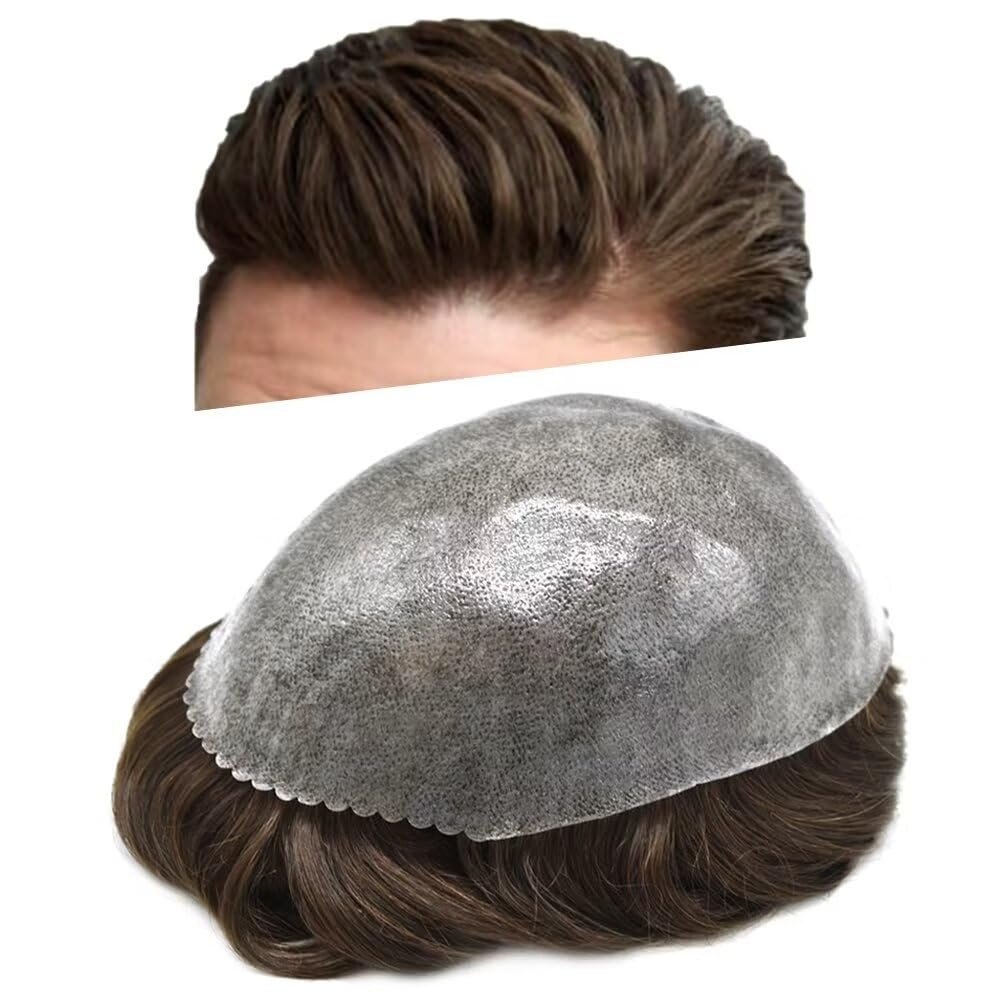 F M FACE MIRACLE NEW YORK Mens Toupee Human Hair 0.1mm PU Base Mens Hairpiece Undetectable Hair Replacement System Male Wig Units 5X7 120% Medium Light to Medium Density #3ASH