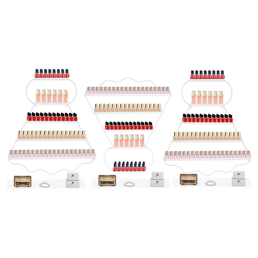 ATOLOMOTOR Wall-Mounted Nail Polish Racks,5 Tiers Metal Badminton-Shaped Cosmetic Display Rack,Essential Oil Wall Organizer Shelf for Home Spa Nail Salon Shop (White)