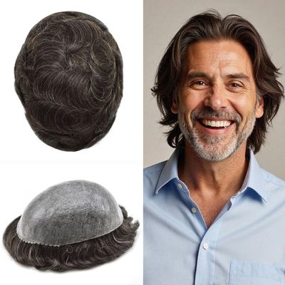 PU Injected Men's Hair System 100% Human Hair Replacement Toupee for men Thin Skin PU Male Hair Prosthesis 7X9" 120% Medium Light to Medium Density #220 Darkest Brown with 20% Gray