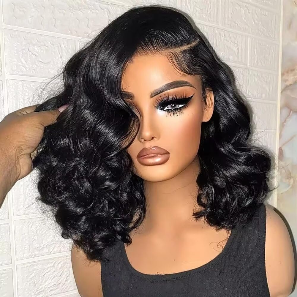 13x4 Body Wave Lace Frontal Wig Human Hair Short Bob Wig For Black Women HD Transparent Lace Front Wig Brazilian Virgin Hair Pre Plucked With Baby Hair Naturak Color 150% Density 14Inch