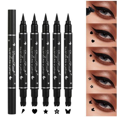5Pcs Double-headed Liquid Eyeliner Stamp Pencil Set, Winged Eye-liner Pen, Long-lasting Black Tattoo Eye-liner delineador de ojos (Heart/Flower/Star/Butterfly/Cone) Shape Eye Liner Pencil for Women