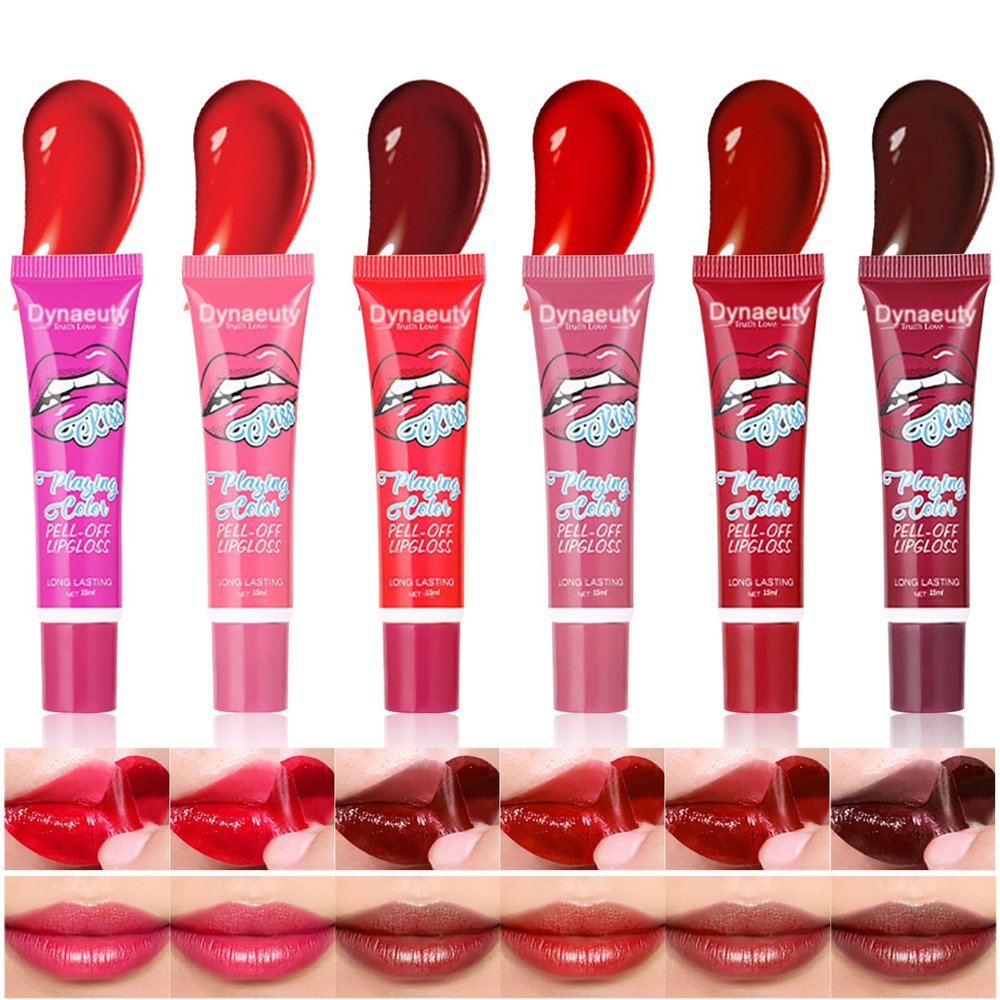 Dynaeuty 6 Pcs Peel Off Lip Stain Lip Tint Set Lip Glosses Long Lasting Waterproof Non Stick Cup Non Fade Liquid Lipstick Set, Magic Color Lip Oil Set for Women #C