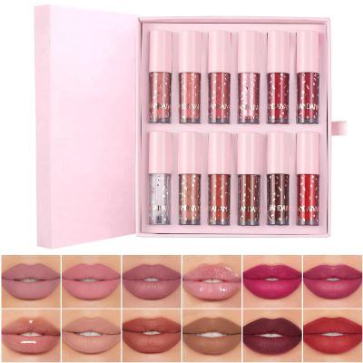 12Pcs Nude Matte Liquid Lipstick Set, Waterproof Long Lasting Non-Stick Cup 12 Colors Nude Lipstick 24 Hour Not Fade Matte Lipstick Professional Lip Gloss Makeup Christmas Day Gift Sets for Women