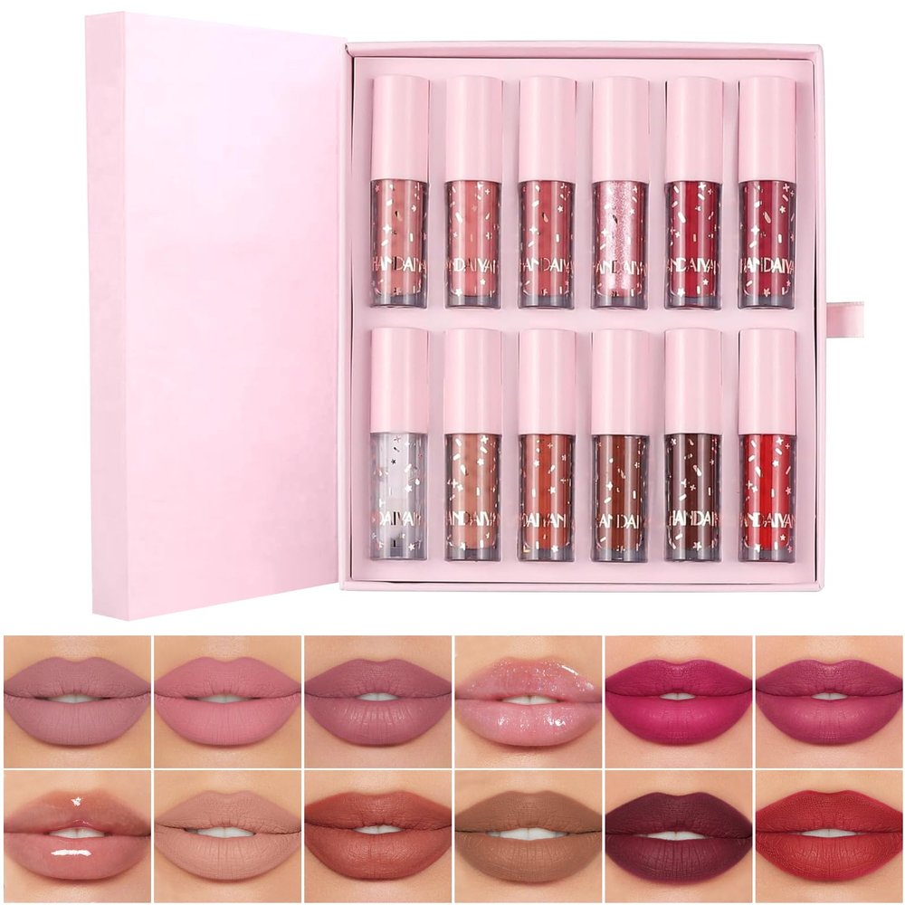 12Pcs Nude Matte Liquid Lipstick Set, Waterproof Long Lasting Non-Stick Cup 12 Colors Nude Lipstick 24 Hour Not Fade Matte Lipstick Professional Lip Gloss Makeup Christmas Day Gift Sets for Women