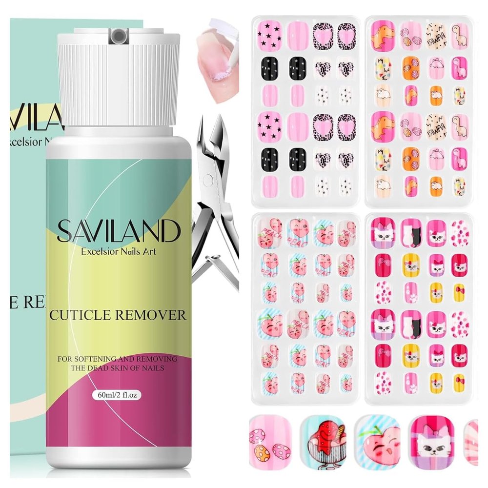 SAVILAND Cuticle Remover Kit Professional Nail Care Manicure Kit and Press on Nails for Kids 7-day Styling