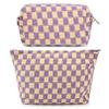 SOIDRAM 2 Pcs Checkered Makeup Bag Large Cosmetic Bag Toiletry Bag Makeup Pouch Travel Bag Organizer Cute Makeup Brushes Aesthetic Accessories Storage Bag for Women Purple view 1