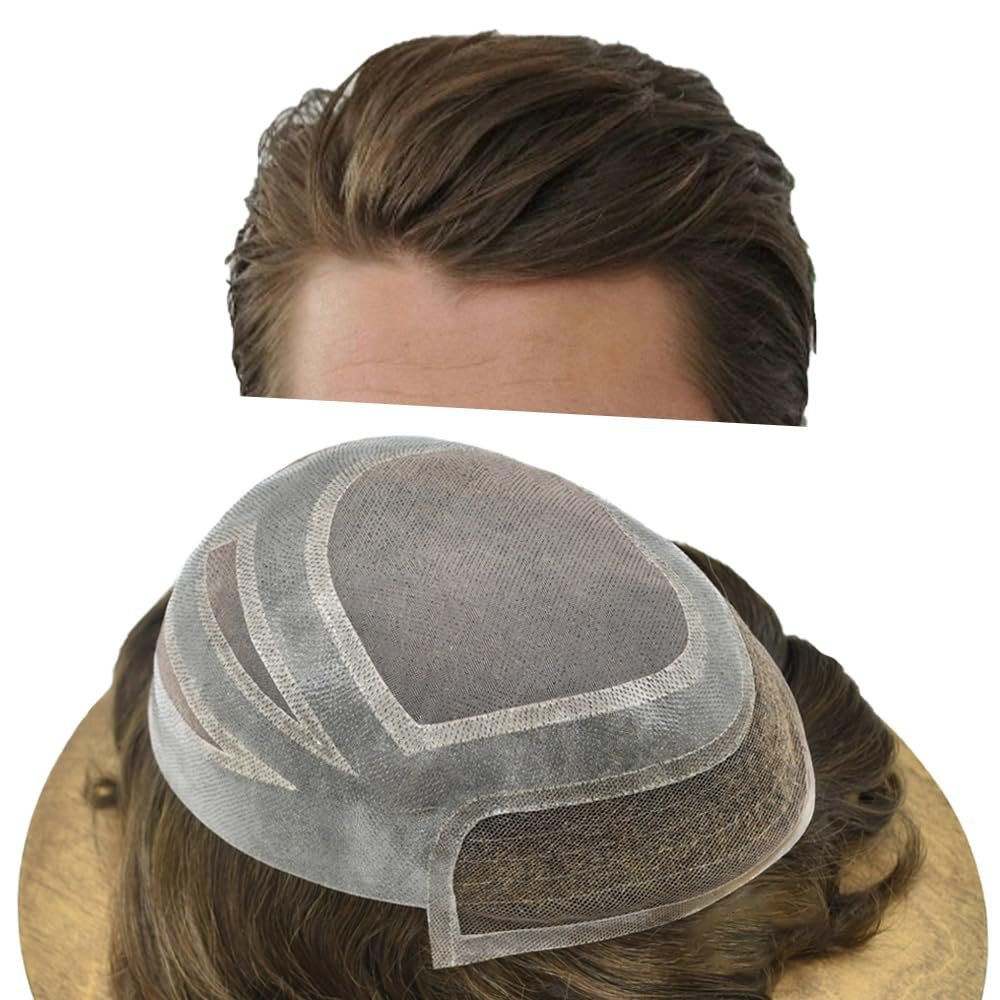 Toupee for Men with 100% Human Hair,Natural Hairline Lace Front Hair Pieces Replacement for Men 8"x10" Fine Mono Poly Skin Mens Toupee Hairpieces #17 Dark Ash Blonde-130% Medium Density