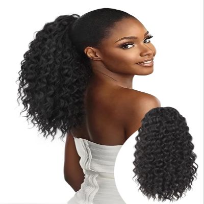 Isaic Ponytail Extension 16 Inch Long Wavy Curly Ponytails Drawstring Ponytail for Black Women Black Pony Tails Hair Extensions Synthetic Hairpiece for Daily Use