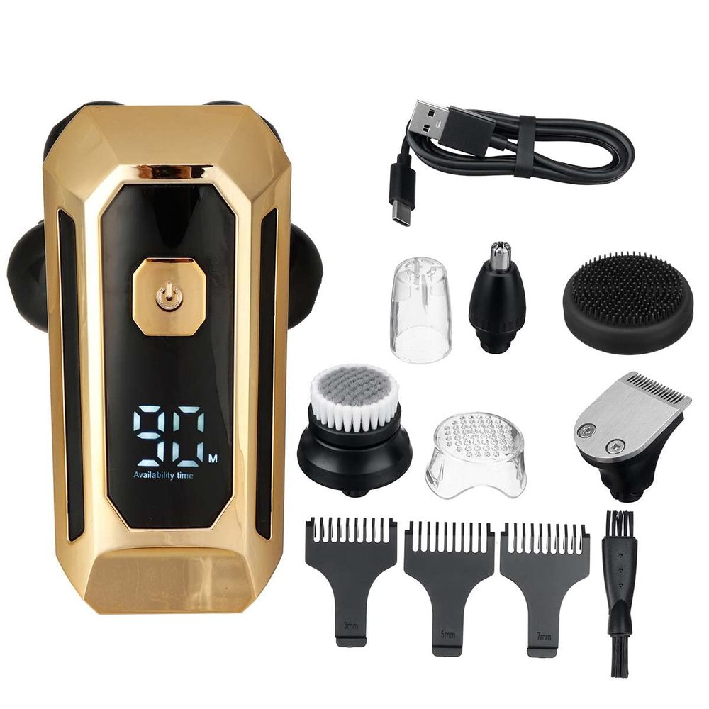 BJFSEAFN 5 in 1 Floating Head Electric Shaver Razor Shaving Beard Machine for Men Dry Wet Beard Nose Ear Hair Trimmer Rechargeable(Gold)