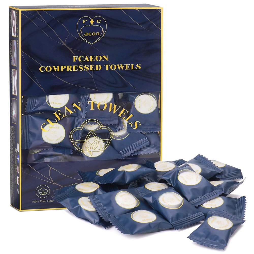 Fcaeon Disposable Face Towel 100 Count Compressed Towel Tablets Individually Wrapped 97.5 Inch Portable Washcloths Compact Cloths for Travel Hiking Camping Gym Fitness Outdoor Gear Hotel Stay (Blue)
