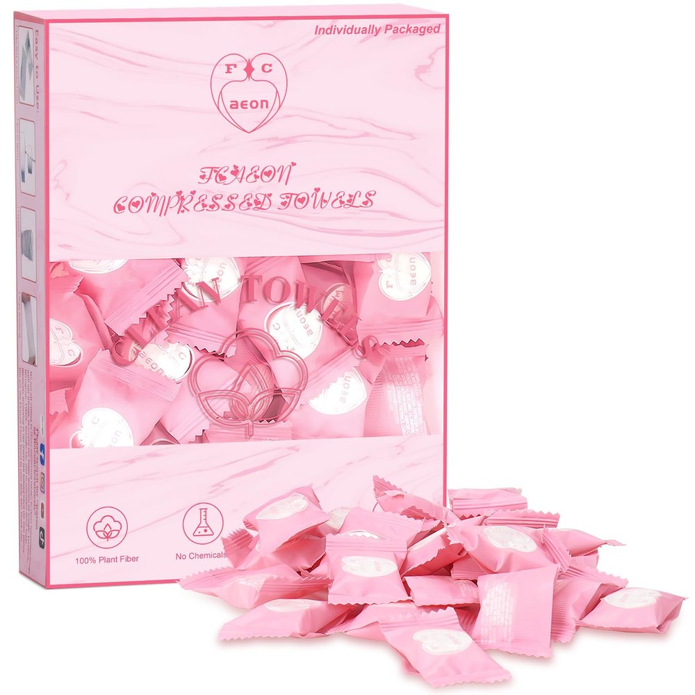 Fcaeon Compressed Towel Tablets 100 Count Disposable Face Towel Individually Wrapped 97.5 Inch Portable Washcloths Compact Cloths for Travel Essentials Camping Hotel Makeup Removal Cleaning (Pink)