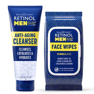 Retinol Men's Gel Cleanser Gently Exfoliates skin for Improved Texture Men Anti- Aging Facial Wipes - Quickly cleanses Face from sweat, oil and pore-clogging dirt without any heavy residue