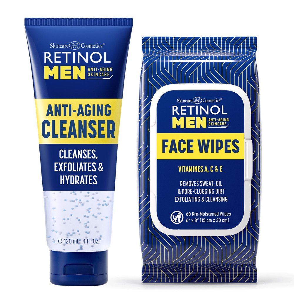 Retinol Men's Gel Cleanser Gently Exfoliates skin for Improved Texture Men Anti- Aging Facial Wipes - Quickly cleanses Face from sweat, oil and pore-clogging dirt without any heavy residue