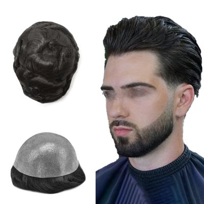 WigVivid Toupee For Men Full Durable PU Replacement System for man hairpieces Thin Skin Mens Toupee Transparent PU Natural Wavy Men Hair pieces 8x10#1 Jet Black-110% density