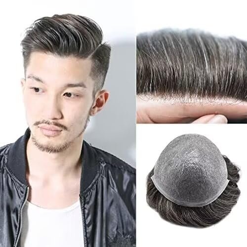 Super Thin Skin Mens Toupee 0.03mm Ultra Thin PU Toupee for Men Hair System V-Looped Mens Hairpiece Natural Hairline Prosthesis Human Hair Replacement 6X8"-100% density#1B20 Off Black+20% Gray