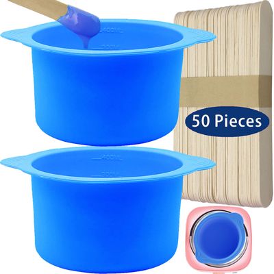 2 Pcs Silicone Wax Warmer Liner & 50 Pcs Waxing Sticks Body Hair Removal Applicator Easy to Clean Non-Stick Wax Pot Silicone Bowl Replacement... (Blue)