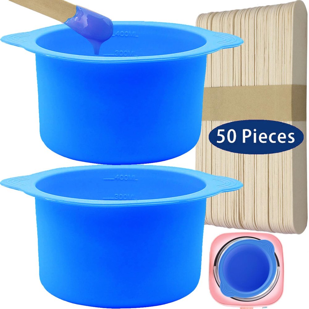 2 Pcs Silicone Wax Warmer Liner & 50 Pcs Waxing Sticks Body Hair Removal Applicator Easy to Clean Non-Stick Wax Pot Silicone Bowl Replacement... (Blue)