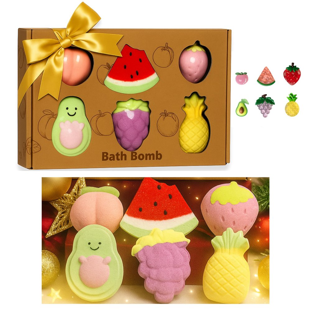 Kids Bath Bombs  6 Pack Fruit-Shaped Scented Bath Bombs with Surprise Inside, Natural & Non-Toxic, Gifts for Teens, Girls & Boys, Christmas & Stocking Stuffers