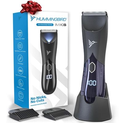 HUMMINGBIRD MK6 Body Hair Trimmer for Men  Wide Ceramic Blade, No Nick, No Cut, Ball Trimmer & Body Shaver, Waterproof, USB-C Rechargeable, LED Display, Charging Dock & Travel Pouch, Body Groomer