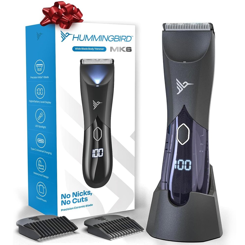 HUMMINGBIRD MK6 Body Hair Trimmer for Men  Wide Ceramic Blade, No Nick, No Cut, Ball Trimmer & Body Shaver, Waterproof, USB-C Rechargeable, LED Display, Charging Dock & Travel Pouch, Body Groomer