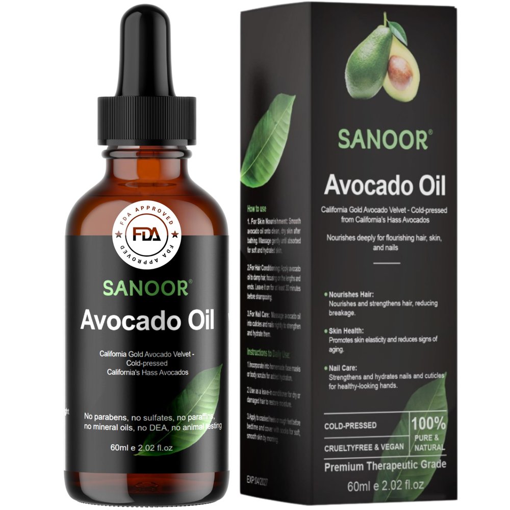 SANOOR California Gold Avocado Oil - 100% Pure & Cold-Pressed - Premium Grade for Hair & Skin with Nutrient-Rich Hair Butter - 2.02oz (60ml)