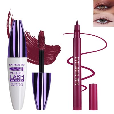 Burgundy Waterproof Mascara & Eyeliner, 5D Silk Fiber Lash Extension Colored Tube Mascara Volume and Length,Long-Lasting Smudge-Proof Volumizing Colorful Mscara & Liquid Eyeliner Pen Set for Women