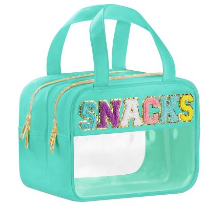BuyCard Chenille Letter Clear Makeup Bags, Snacks Bag for Travel, Preppy Patch Nylon Cosmetic Bag with Handles and Zipper, Waterproof Large Clear Travel Toiletry Bag Storage Bag for Women Green