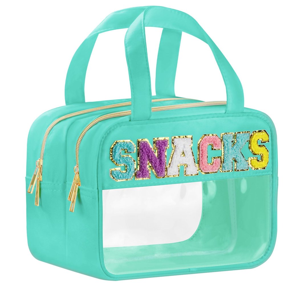 BuyCard Chenille Letter Clear Makeup Bags, Snacks Bag for Travel, Preppy Patch Nylon Cosmetic Bag with Handles and Zipper, Waterproof Large Clear Travel Toiletry Bag Storage Bag for Women Green