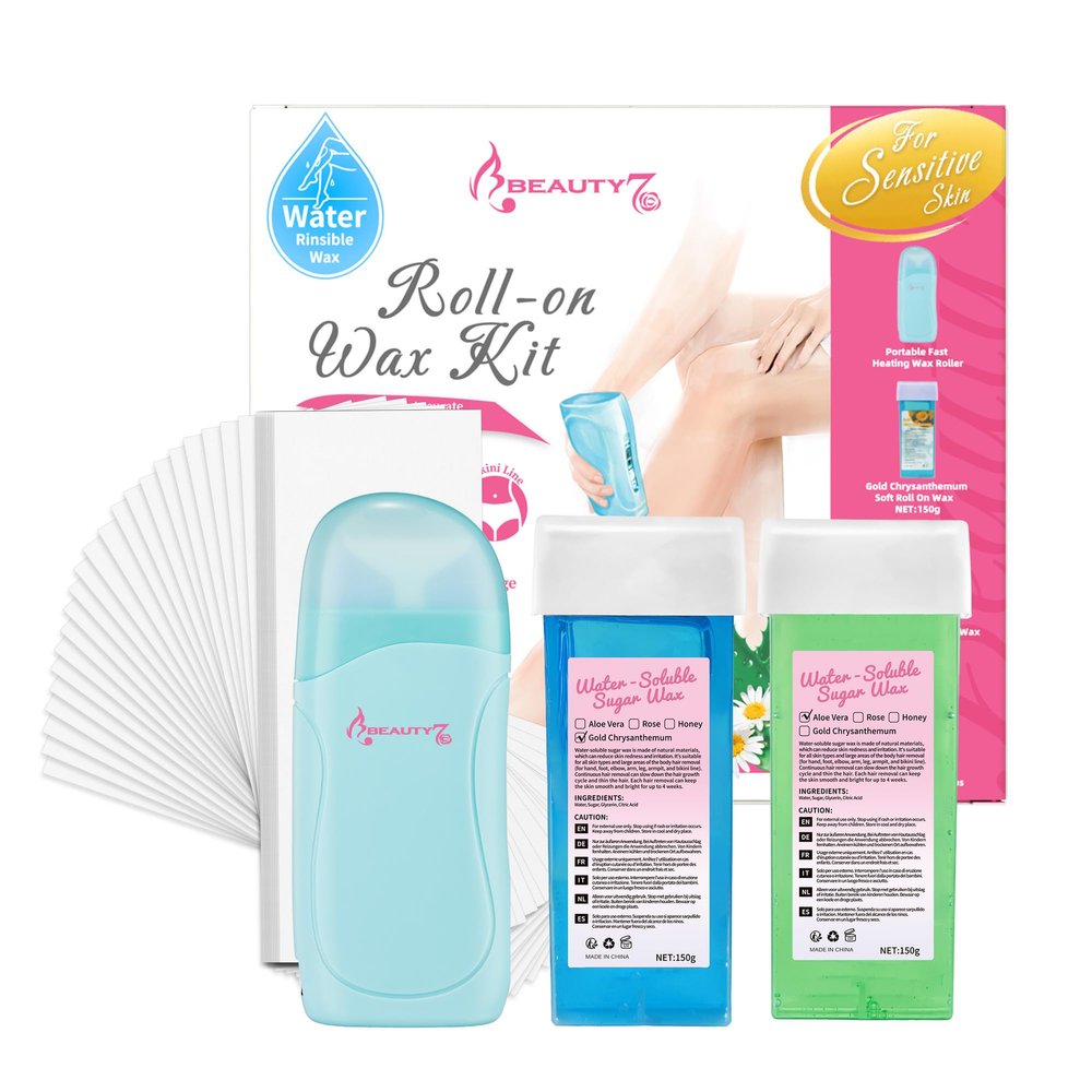 Beauty7 Roll on Wax Kit for Hair Removal, Sugar Waxing Kit, Easy Rolling Portable Warmer with 2pcs Soft Waxing Cartridge(5.3 oz each)100pcs Strips (Wax Kit with Machine)