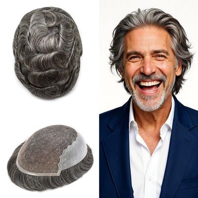 Mens Hair System French Lace Toupee For Men Real Human Hair Replacement System For Men Toupee Swiss Lace Front Mens Hair Piece6x9-80% light density#250 2# DARKEST BROWN+50% GREY