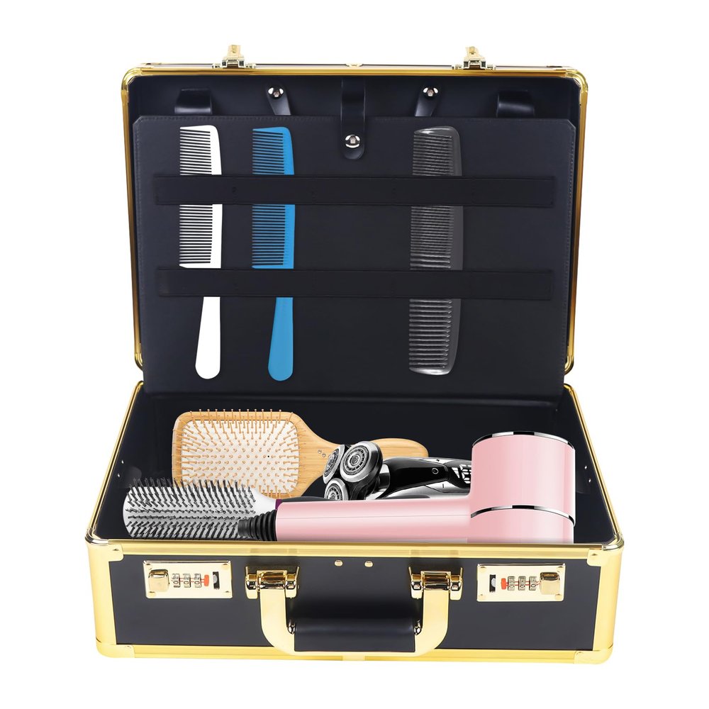 DDBESSIC Professional Barber Case, Beauty Salon Barber Case with Code Lock, Hair Stylist Tool Kits Organizer Hairdresser Tool Box for Beauty Salon Makeup Artist (Gold)
