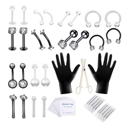Body Piercing Kit Stainless Steel Tongue Rings Belly Button Piercing Jewelry Black 47PCS Jewelry.