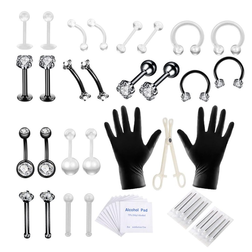 Body Piercing Kit Stainless Steel Tongue Rings Belly Button Piercing Jewelry Black 47PCS Jewelry.
