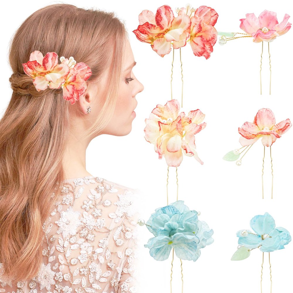 6 PACK Flower Hair Pins, U-Shaped Rhinestone Floral Hair, Embellished With Pearls Beautiful Hair Pin Floral Hairpieces, Beautiful Accessories for Prom and Wedding