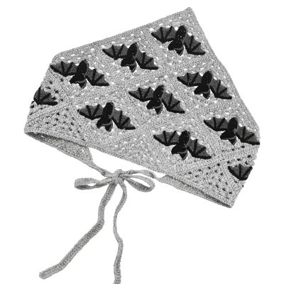 1 PACK Gothic Crochet Headbands Bat Pattern Bandana for Women, Vintage Crochet Hair Styling Decor, Bat Greyscale Halloween Triangle Headband, Halloween Knitted Headscarf Crochet Bandanas for Women