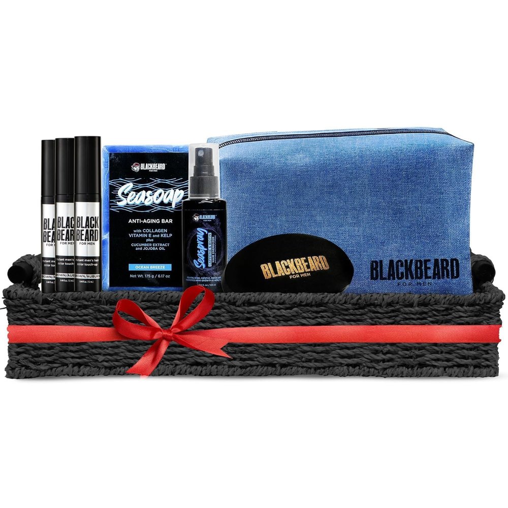 Blackbeard for Men THE WHOLE ENCHILADA, 3 Blackbeard Men Beard Color, 1 Seaspray Hair Thickener, 1 Anti-Aging Seasoap Bar, 1 Beard Brush w/Vegan Bristles, 1 Sea Blue Shaving Kit Bag Brown/Auburn