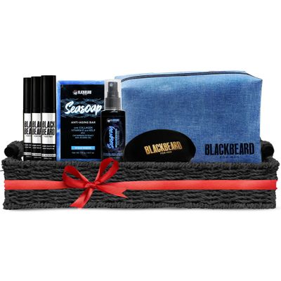 Blackbeard for Men THE WHOLE ENCHILADA, 3 Blackbeard Men Beard Color, 1 Seaspray Hair Thickener, 1 Anti-Aging Seasoap Bar, 1 Beard Brush w/Vegan Bristles, 1 Sea Blue Shaving Kit Bag Light/Medium Brown