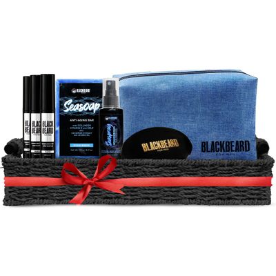 Blackbeard for Men THE WHOLE ENCHILADA, 3 Blackbeard Men Beard Color, 1 Seaspray Hair Thickener, 1 Anti-Aging Seasoap Bar, 1 Beard Brush w/Vegan Bristles, 1 Sea Blue Shaving Kit Bag Black