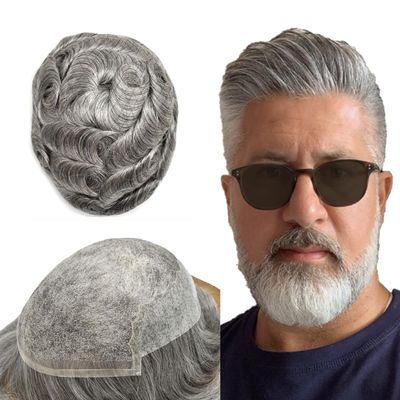 Toupee For Men Real Human Hair French Lace Hairpiece For Mens Toupee Hair System For Men Hair Replacement Lace Front Mens Hair Piece 7x9 80% light density#1B80 1B# OFF BLACK+80% GREY