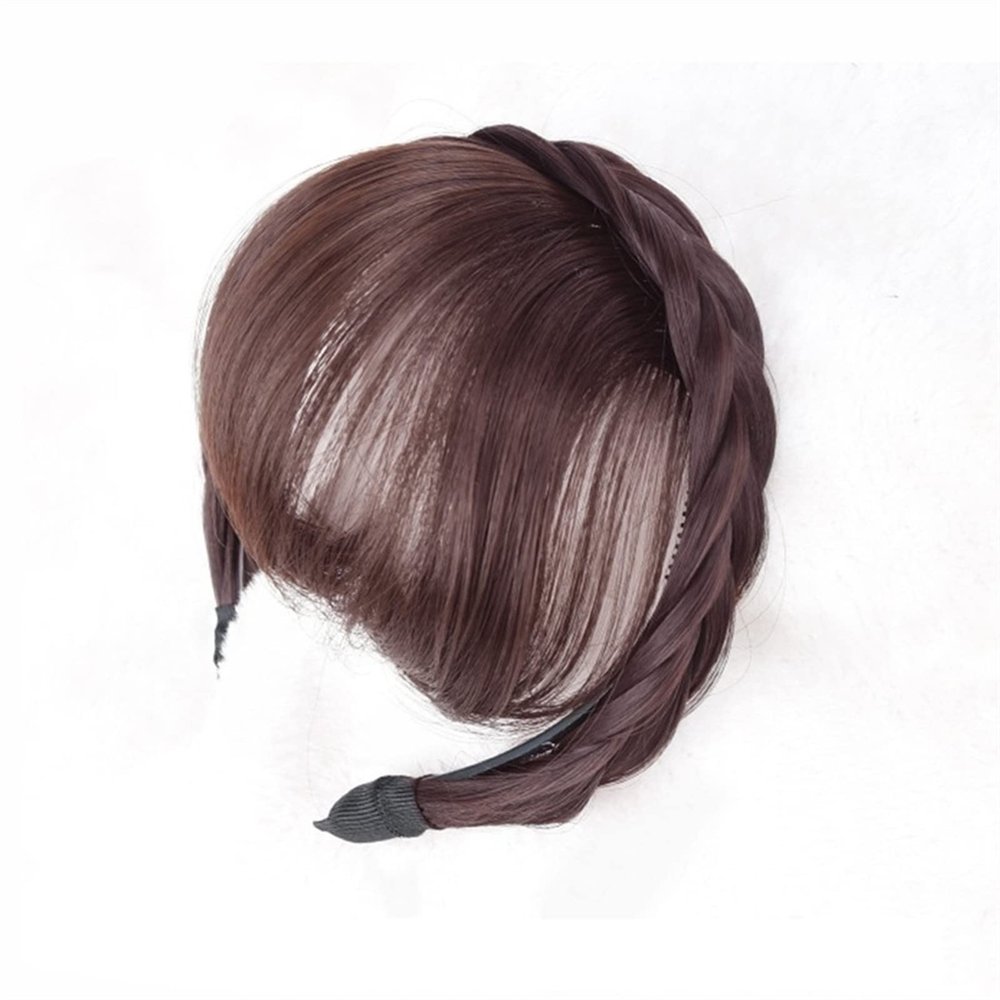 WANGHAI2024M Hair Bangs Bang Hair Bands Front Hair Bangs Fringe Hair Extensions Synthetic Fake Bangs Hair Neat Fringe Bangs with Double Row Braids Headband for Women Girls Bangs Extension(Dark brown)