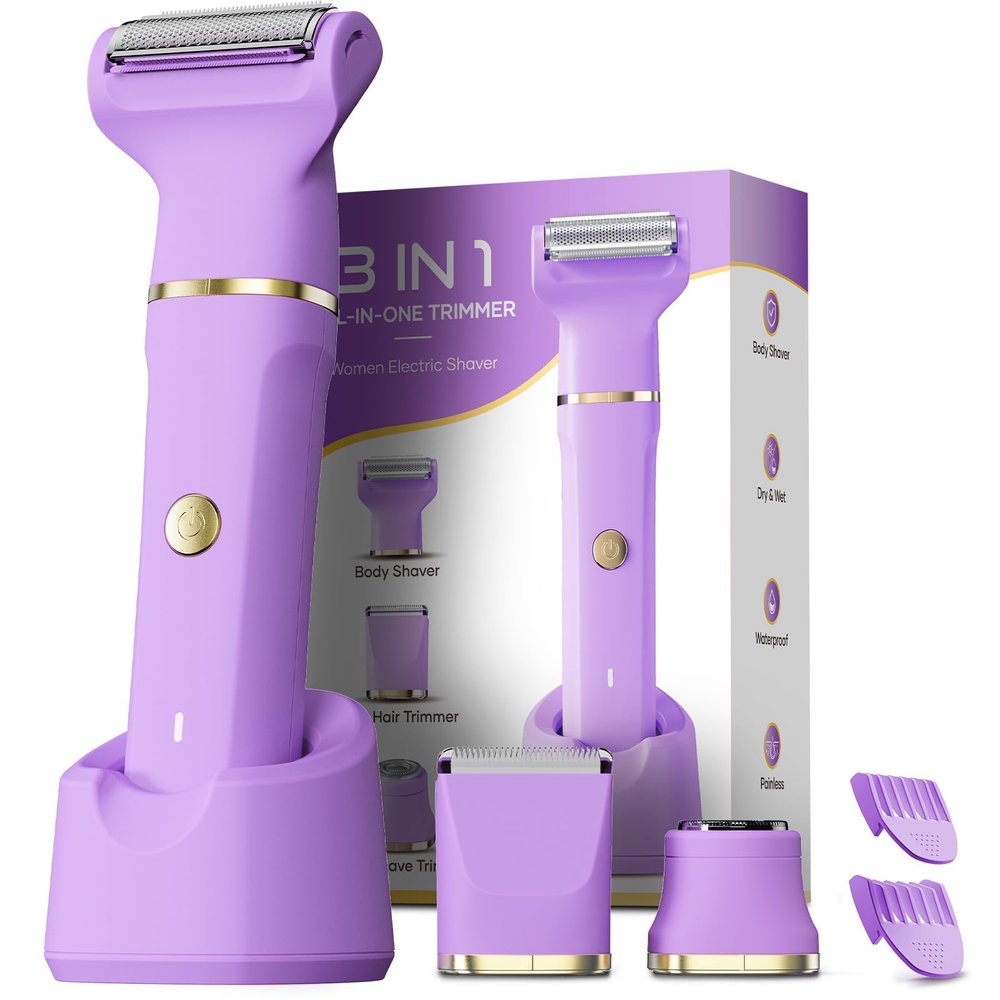 Bikini Trimmer for Women, Tiovara Painless Electric Razors Shaver IPX7 Waterproof Cordless Body Hair Trimmer Pubic Hair Removal with USB Charge Dock for Underarm Leg Arm Body Face Silk Skin (Purple)