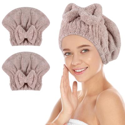 SUNLAND Large Microfiber Hair Drying Caps with Bow knot Fast Drying Shower Cap Soft and Absorbent hairWrap Hair Turban Bath Caps for Curly Thick and wet Hair 11 X 13.4 inch 2 Pack Brown